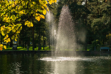 A park in the city center with a pond and a fountain, Kouvola, Finland