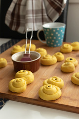 Traditional Swedish saffron flavored bums before baking around Christmas lussekatt