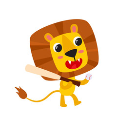 Playing lion with ball and bat isolated on white.