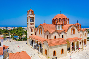 Cyprus. Protaras. St. Barbara's Church. Red-domed Orthodox Church of Cyprus. Paralimni. Cypriot temples. Mediterranean architecture. Iconic tourist attractions of Cyprus