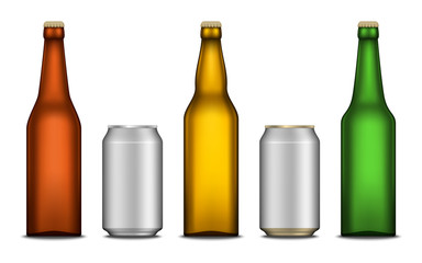 Vector realistic beer blank bottle and can mockups