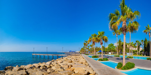 Fototapeta na wymiar Republic of Cyprus. Panorama of Limassol on a Sunny day. Molos promenade with palm trees and swimming pools. Rocky Mediterranean coast. Walking along the sea. Bright Mediterranean landscape.