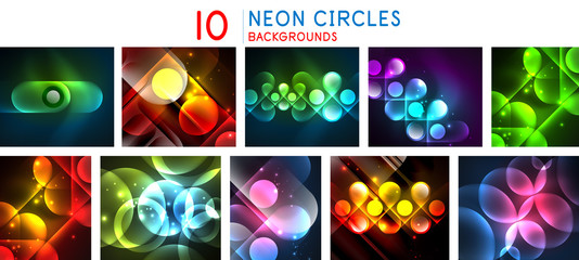 Set of light neon glow circles backgrounds, bright banners with shiny round shapes and electric effects