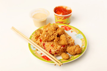 japanese teriyaki with sauce. chicken teriyaki top view.