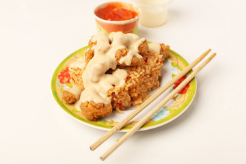 japanese teriyaki with sauce. chicken teriyaki top view.