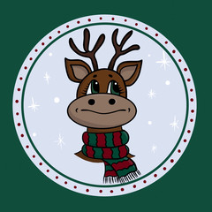 Hand drawn cartoon deer with scarf and snowflake on green background. Merry Christmas and New Year winter illustration for greeting card, postcard, invitation to party, flyers and web design