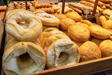 bakery in the supermarket. bread on the counter in the store