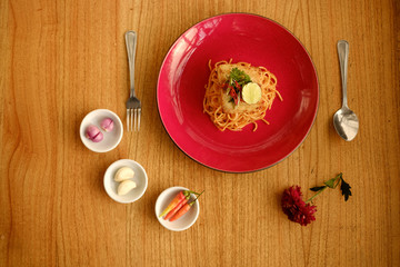 instant noodle top view on wood table.
