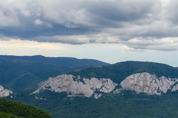 Fototapeta premium Mountains covered with forest before the rain.