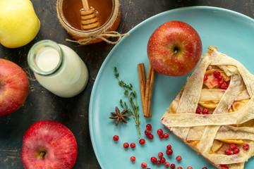 Apple pie with lingonberries and honey on a bright plate. Milk and apples on the table.