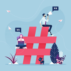 Group of people with hashtag icon-Social media marketing concept - obrazy, fototapety, plakaty