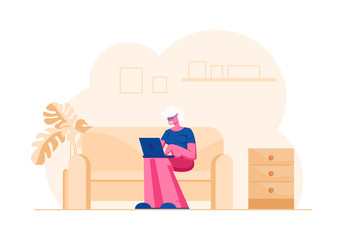 Happy Senior Lady with White Hair and Eyeglasses Sitting on Couch at Home with Laptop Watching Movie or Communicate in Social Media Network. Elderly Woman with Device Cartoon Flat Vector Illustration