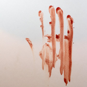 smeared bloody handprint on a white surface, short focus, toning