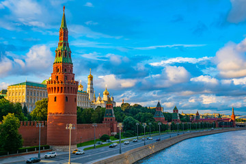 Fototapeta na wymiar Moscow. Panorama of Moscow on a summer day. Kremlin embankment. Moscow river. Kremlin. Grand Kremlin palace. Churches. Business card of the capital of Russia. The capital of the Russian Federation.