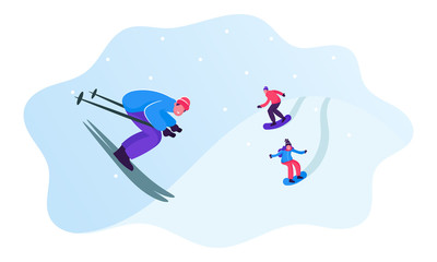 Young People Wearing Warm Sportive Costumes Going Downhill by Skis and Skateboards at Winter Time Resort. Sports Outdoors Leisure and Sparetime. Wintertime Activity. Cartoon Flat Vector Illustration
