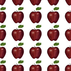 Watercolor seamless pattern of red apples isolated on white background.