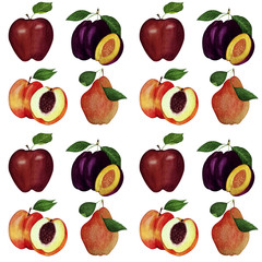 Watercolor seamless pattern of red apple, pear, prunes and nectarine. Isolated on a white background.