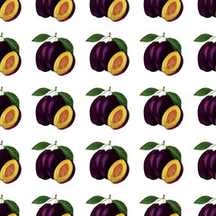 Watercolor seamless pattern of prunes. Isolated on a white background.
