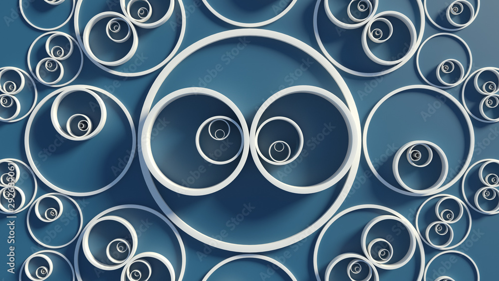 Poster 3d render background with circles that form ornament pattern. simple shapes with bright lighting and