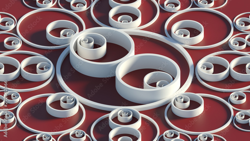 Poster 3d render background with circles that form ornament pattern. simple shapes with bright lighting and