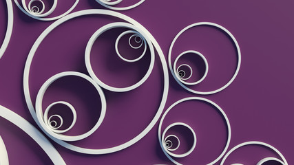 3d render background with circles that form ornament pattern. Simple shapes with bright lighting and shadows.