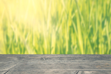 Holzplatte mit grünem Gras Hintergrund und Textfreiraum	