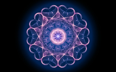 fantastic abstract symmetrical flower with petals consisting of a variety of geometric shapes of different colors on a black background