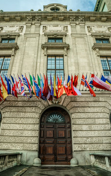 National flags of Europe on the facade of the OSCE building in Vienna, Austria