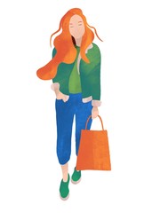 Girl at the autumn sale. In cartoon flat style