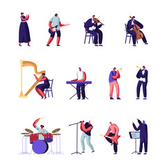 Naklejka premium Classical and Popular Music Artists Set. Symphony Orchestra Players, Conductor and Rock Musicians with Different Instruments Performing on Stage Characters Performance Cartoon Flat Vector Illustration