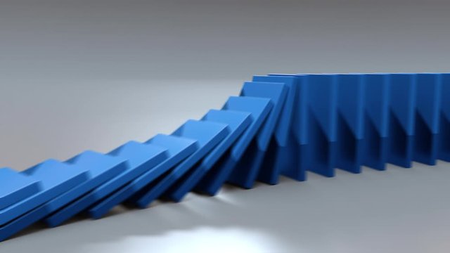 Blue domino chain reaction with following camera
