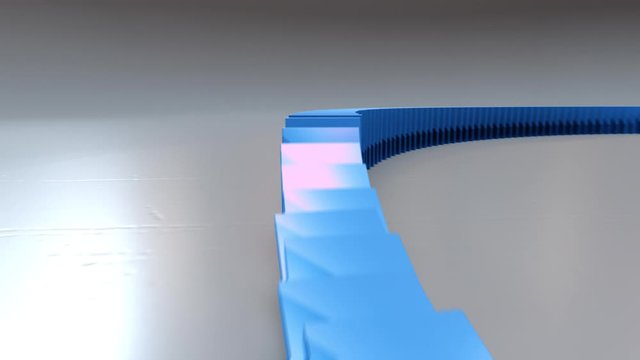 Blue domino chain reaction with multiple cameras changing