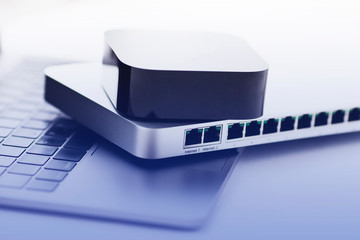 Smart home and media concept.  Cloud switch, smart media player and laptop on the white background....