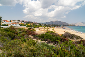 Scenic view at the coastline of Kiotari on Rhodes island, Greece with gravel beach