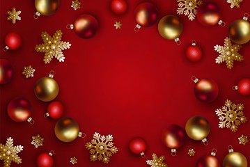 Christmas and New Year design. Golden and red realistic christmas balls and decorative snowflakes on red background. Festive banner with place for text. Top view, vector illustration EPS 10