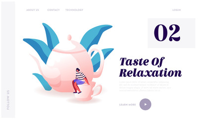 Still-life and Hospitality Website Landing Page. Tiny Woman Sitting on Huge White Porcelain Cup near Teapot Serving Table for Tea Party Waiting Friend Web Page Banner. Cartoon Flat Vector Illustration