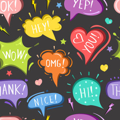 Vector seamless pattern, print, wallpaper with colorful speech,chat,talk clouds or bubble. Trendy, fashion, colorful design