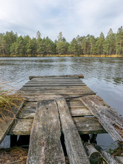 bog landscape, bog lake, reflections, bog pines, old wooden footbridge