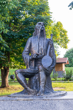 Loznica, Serbia - July 11, 2019: The monument to Filip Visnjic in Loznica. The sculpture was erected in 1995, the work of Drinka Radovanovic, a sculptor. The monument is 2.7m high, made in bronze.
