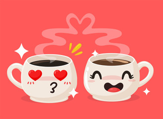 Cartoon Coffee Cup Vector. Coffee cups for men and women who show love for each other.