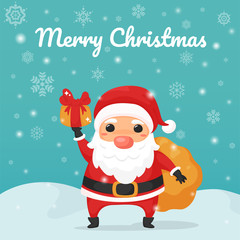 Merry Christmas. Cartoon santa claus holding a gift box.
