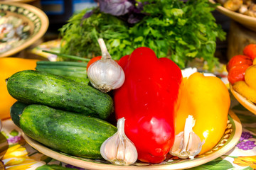 Background from fresh vegetables. Composition with raw vegetables.