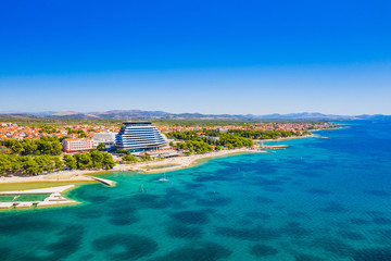 Dalmatian town of Vodice and amazing turquoise beaches aerial view, Croatia