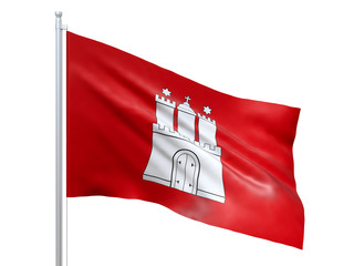 Hamburg flag waving on white background, close up, isolated. 3D render