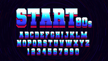 Retro futuristic latin font from video games, vector geometric letters and numbers with gradient for sport or game design
