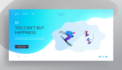 Outdoors Sports Leisure and Sparetime Website Landing Page. Young People Going Downhill by Skis and Skateboards at Winter Resort. Wintertime Activity Web Page Banner. Cartoon Flat Vector Illustration