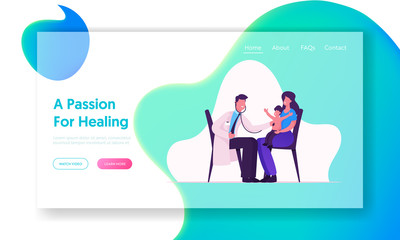 Physician Baby Check Up in Hospital Website Landing Page. Medical Pediatrician Doctor Listen Lung and Heart Sound of Child Patient with Stethoscope Web Page Banner. Cartoon Flat Vector Illustration