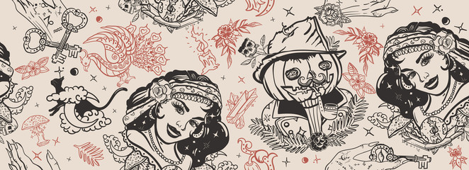 Halloween seamless pattern. Old school tattoo. Retro gothic fairy tale background. Witch woman, gypsy, crystal ball, Jack O' Lantern, occult hands and black cats. Traditional vintage tattooing style