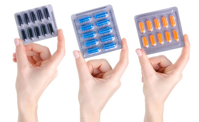 Set collage pill capsule in blister in hand medicine health on white background isolation