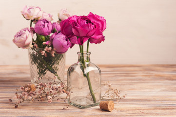 Red hydrangea flowers and pink roses